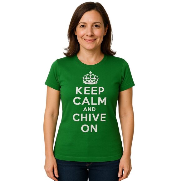 Keep Calm & Chive On Tee T Shirt Green Top Adult Size Small - Picture 1 of 9